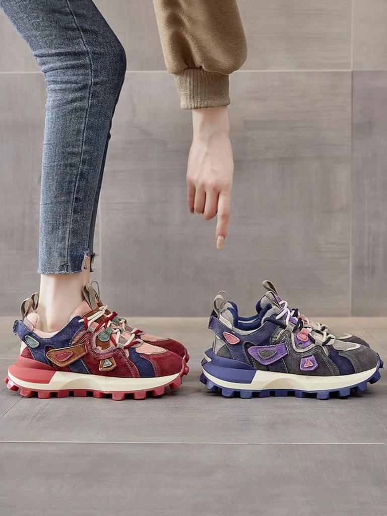 Women's Retro Color Blocked Thick Soled Sports Shoes Autumn Retro Casual Lace Up Women's Shoes Fashion Shoes