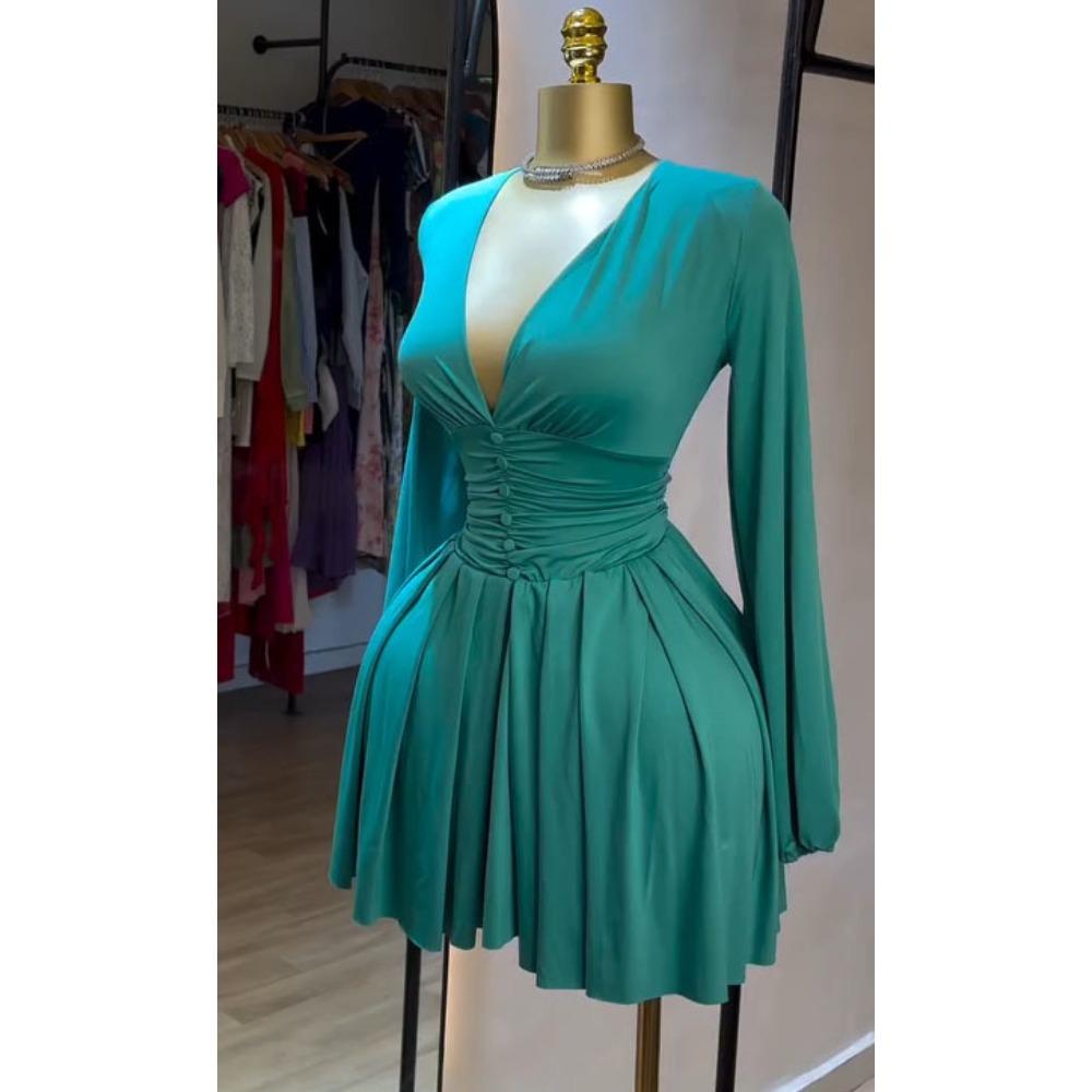 Women's V Neck Long Sleeve Mini Dress Slim Fit Mid Waist Elegant Pleated Knit Short Dress For European American Women