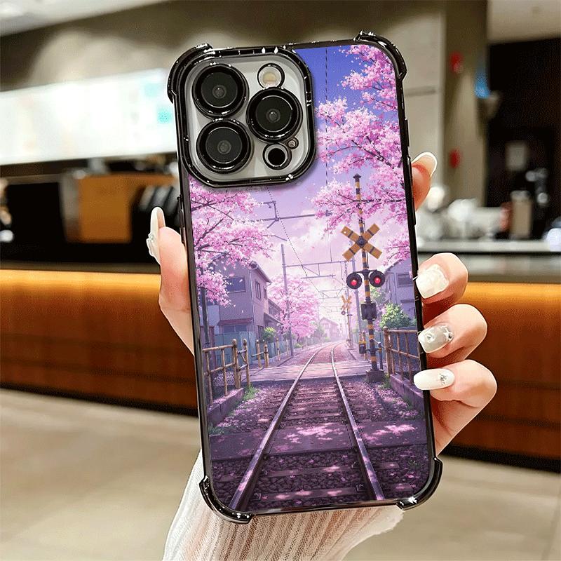 Retro Japanese Sakura Train Soft Phone Case For iPhone 15 16 17 Air 14 Pro Max 16E Plus 13 12 Mini Plating Anti-Fall Fundas
