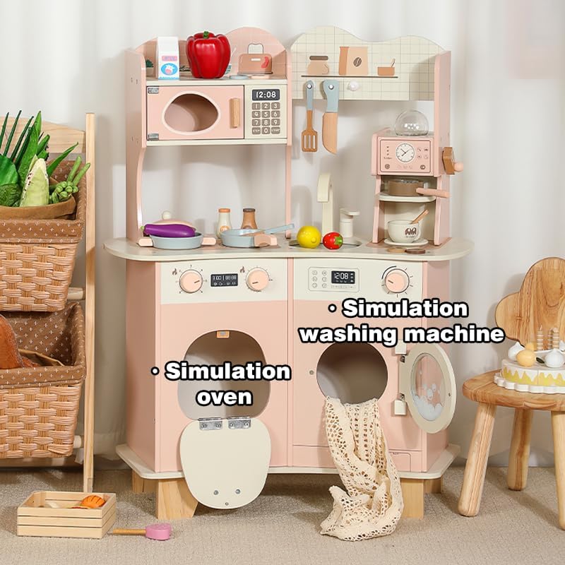 Wooden Play Kitchen Set Pretend Play For Kids With Lifelike Accessories Toddlers Kitchen Playset With Dishwasher For Young Boys Girls