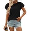 Women's Crew Neck Ruffle Short Sleeve T-Shirt Loose Fit Hollow Out Knit Casual Summer Blouse Top