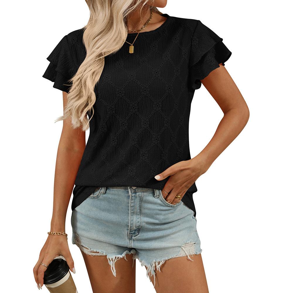 Women's Crew Neck Ruffle Short Sleeve T-Shirt Loose Fit Hollow Out Knit Casual Summer Blouse Top