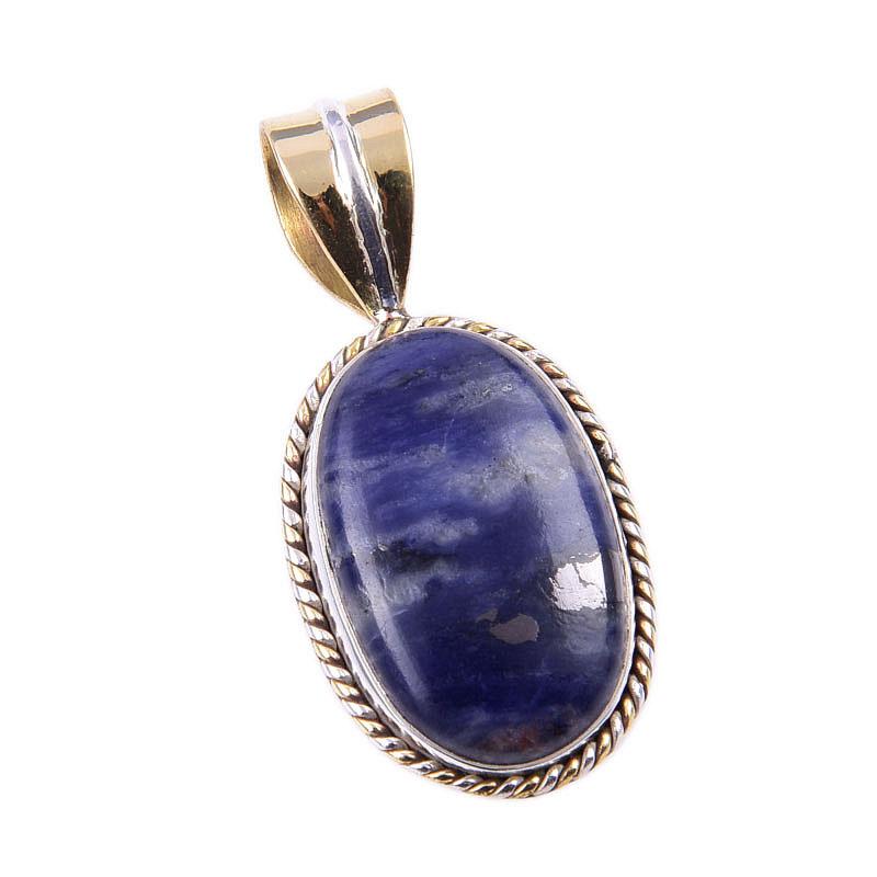 Pierre Précieuse Sodalite Naturelle Argent Sterling Massif 925 Pendentif Bicolore 1,25" i7f36