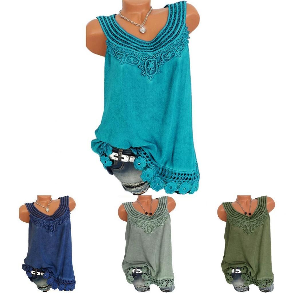 Women's Loose Sleeveless Vest T-shirt Blouse With Elegant Boho Lace Design In Plus Sizes