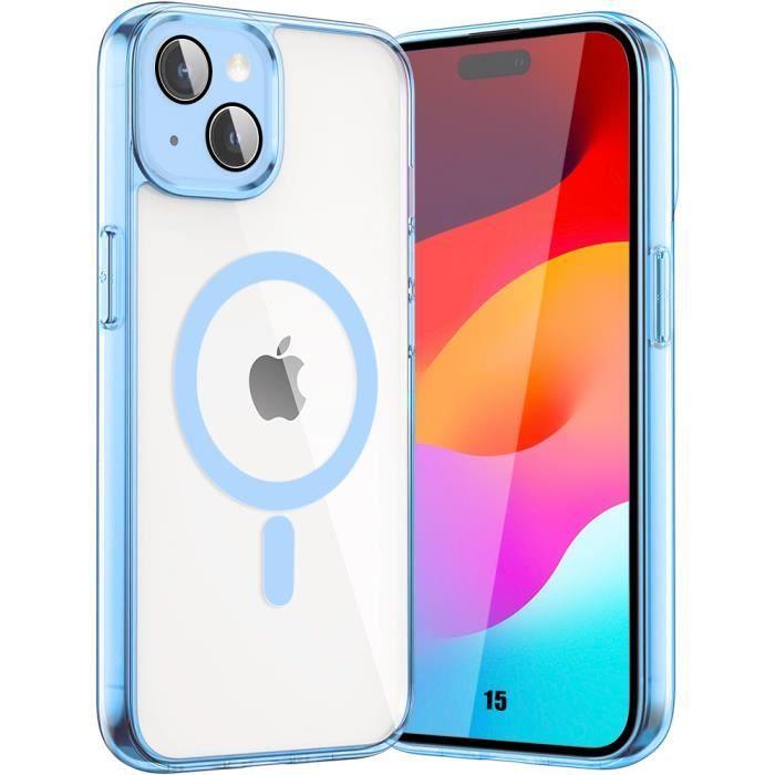 Coque pour iphone 15 avec cercle magnétique, coque rigide antichoc contour bleu + protection caméra verre trempé