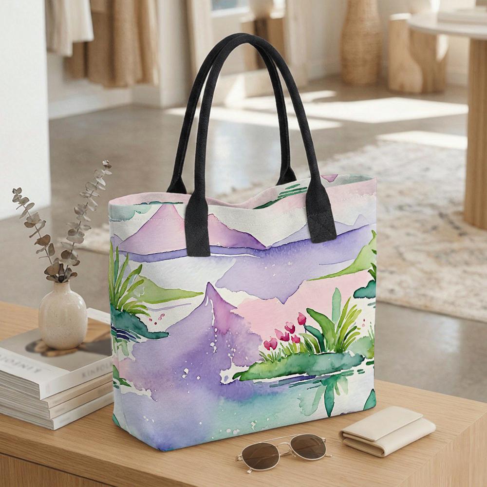 Watercolor Landscape Tote Bag Large Capacity Casual Shoulder Bag for Daily Shopping Travel