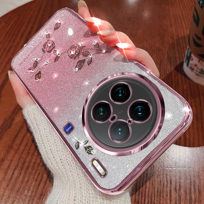 KADEM For vivo X90 Pro 5G Rhinestone Decor Flower Pattern Soft TPU Back Cover Gradient Glitter Powder Protective Case