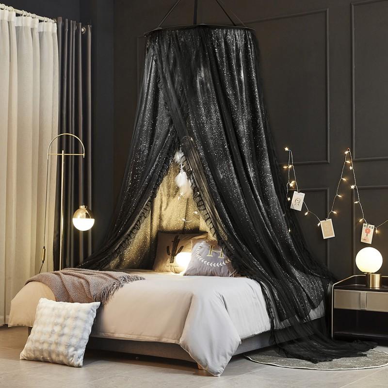 3-Door Round Mosquito Net All-in-One Bed Canopy No-Install Home Bedroom Use Breathable Gauze Bow Bear Nebula Patterns