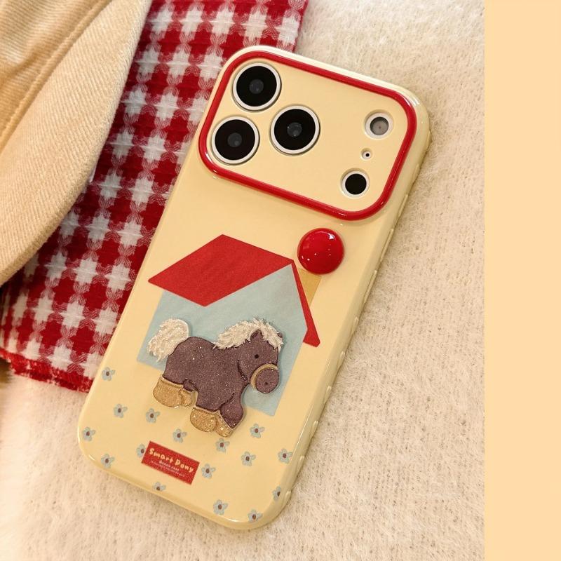 Korean 3D Cartoon Pony Horse Glitter House Phone Case For iPhone 17 16 15 14 13 12 Pro Max Shockproof Protective Soft Cover