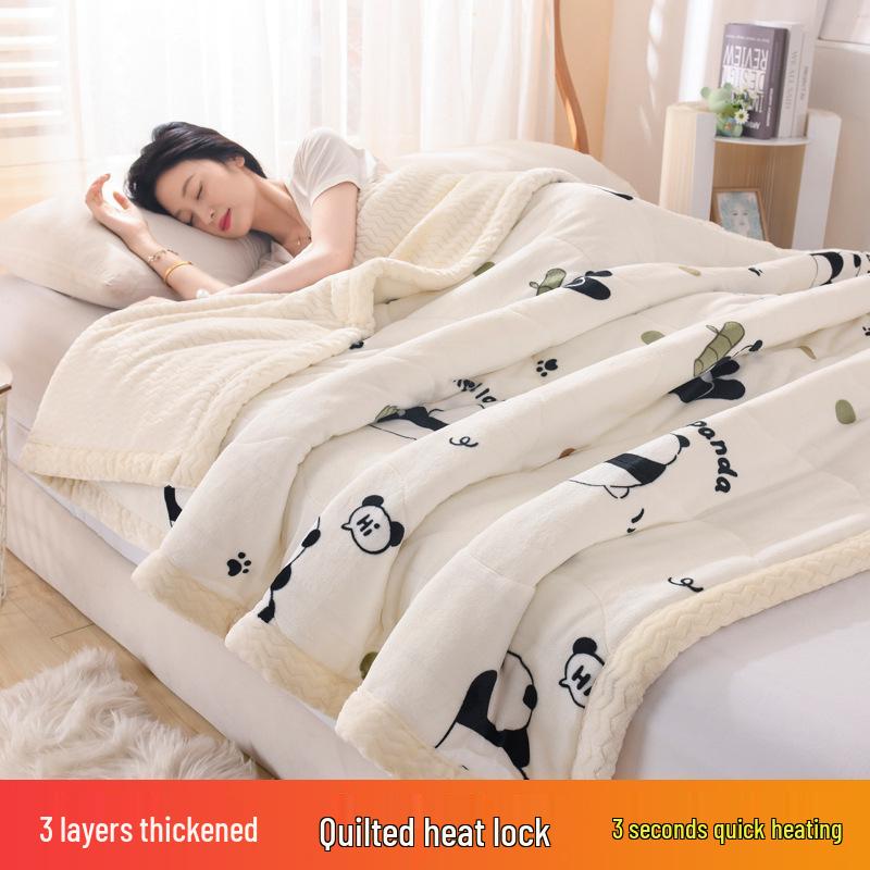 Three-Layer Quilted Milk Velvet Cartoon Blanket - Thick, Machine Washable, Ideal for Autumn/Winter Naps