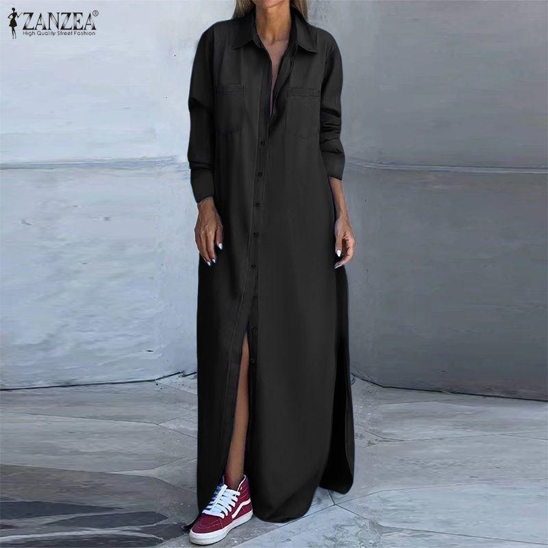 ZANZEA Elegant Women Lapel Neck Long Sleeve Buttons Splits Casual Long Shirts Dress