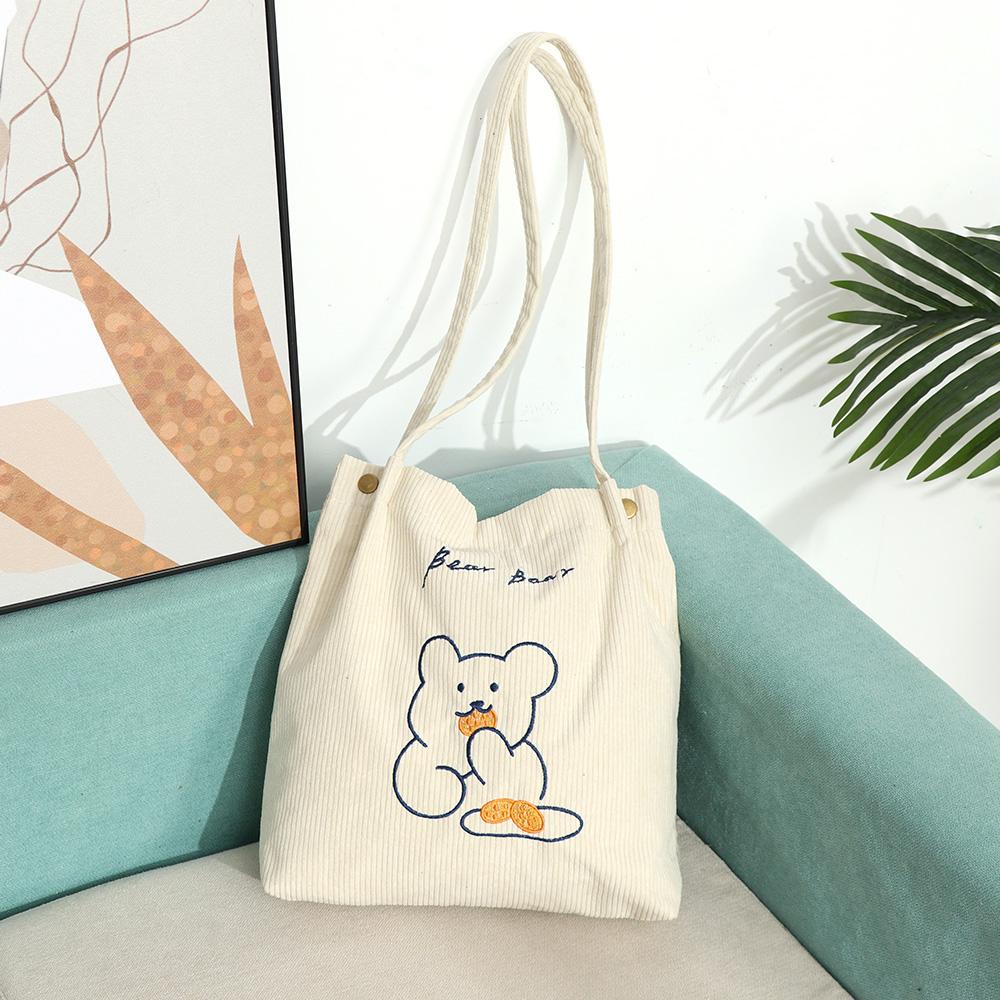Women Corduroy Shoulder Bag Bears Embroidery Striped Canvas Handbag Eco Cloth Tote Cute Soft Shopping Bags For Ladies Animal Bag