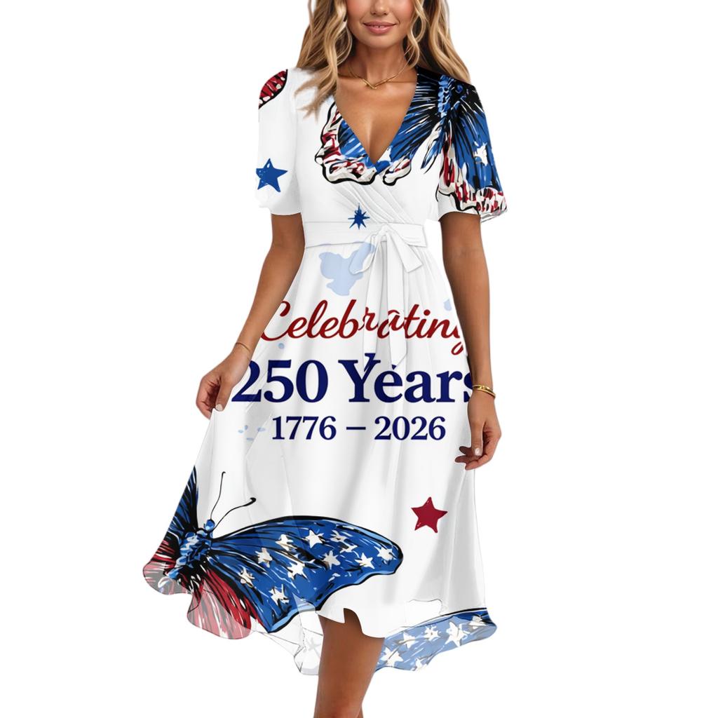 Women's Fashionable Casual V-neck Short-sleeved Independence Day Printed Dress