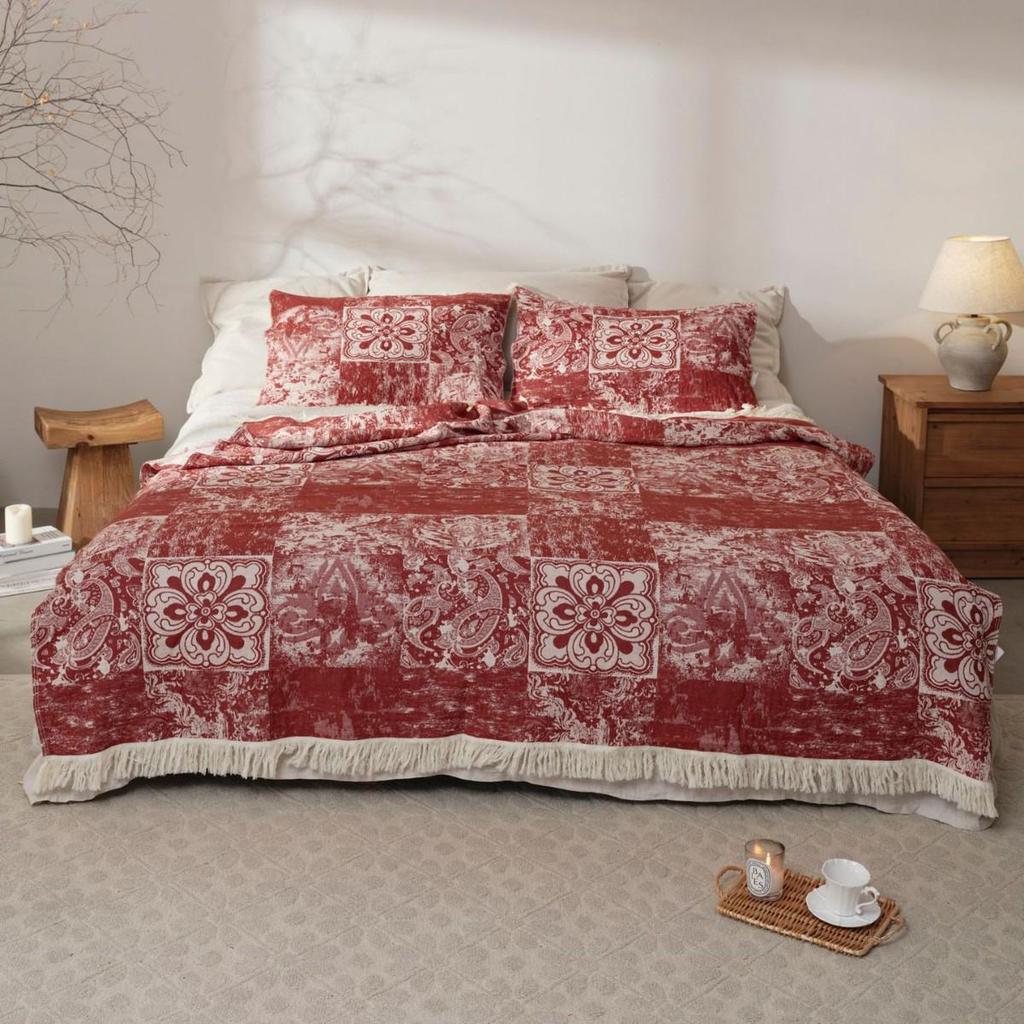 4-Layer Cotton Gauze Jacquard Tassel Blanket - Soft, Breathable, Washable Sofa Throw