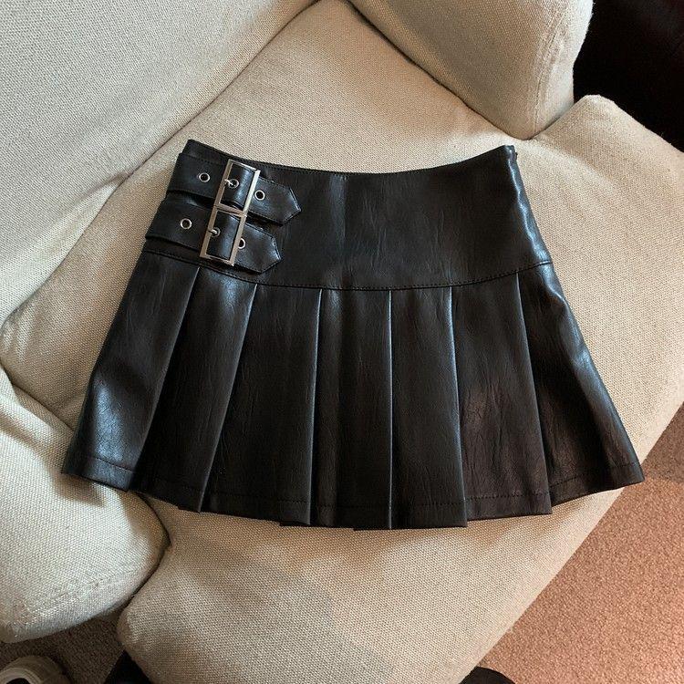 Women's Brown Leather A-Line Skirt: 2024 Autumn, High-Waist, Slim, Pleated, Fashionable PU Design