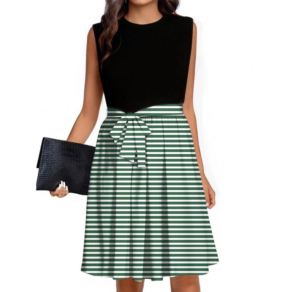 Women's Fashion Striped Printed Casual Lace-up Sleeveless Round Neck Splicing Short Dress