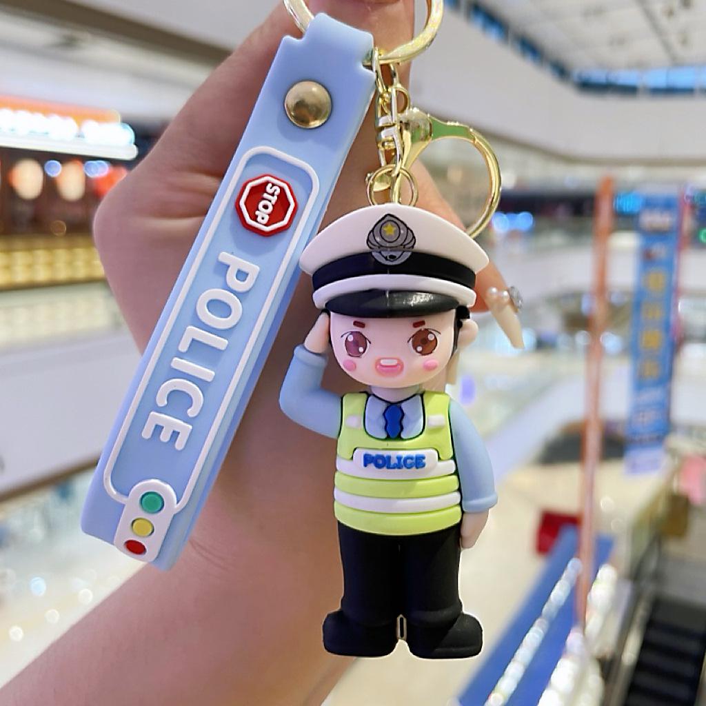 Firefighter & Traffic Police Cartoon Keychain: Cute Car Accessory & Bag Ornament Holiday Gifts.