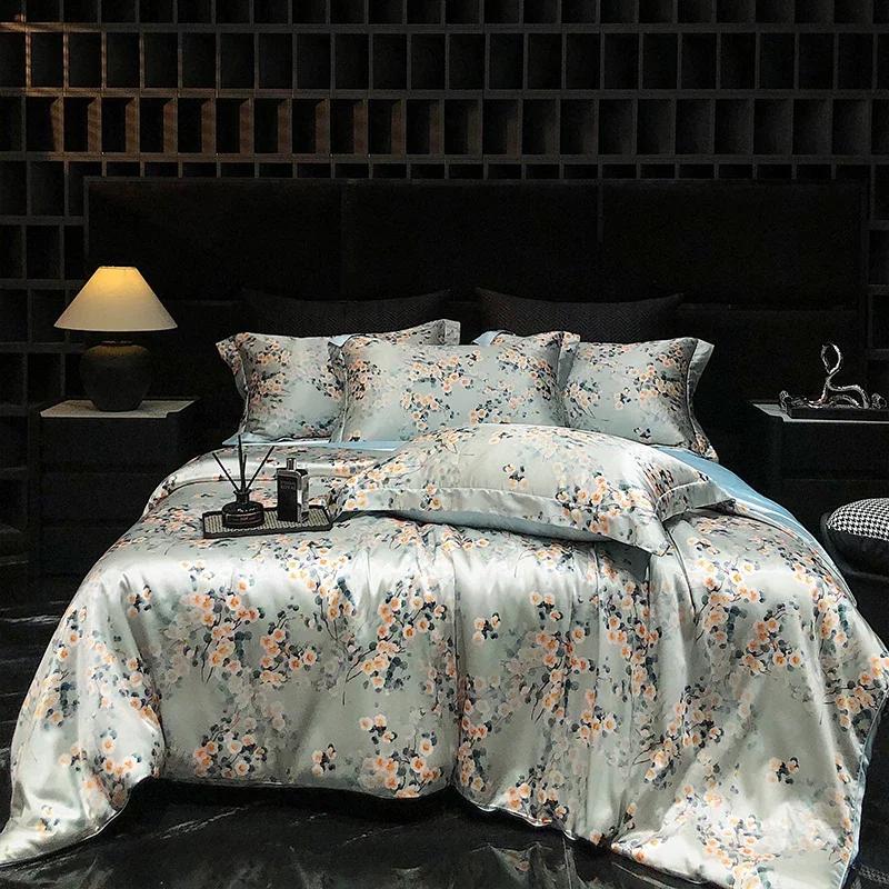 Luxury High-end Silk Bedding Set Silky Satin Quilt Cover Set Printed Queen King Duvet Cover Soft Gift for Your Lover Friends