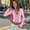 Womens Fall Long Sleeve Top Sexy Lace Trim Slim Fit Solid Color V Neck Casual Daily Wear