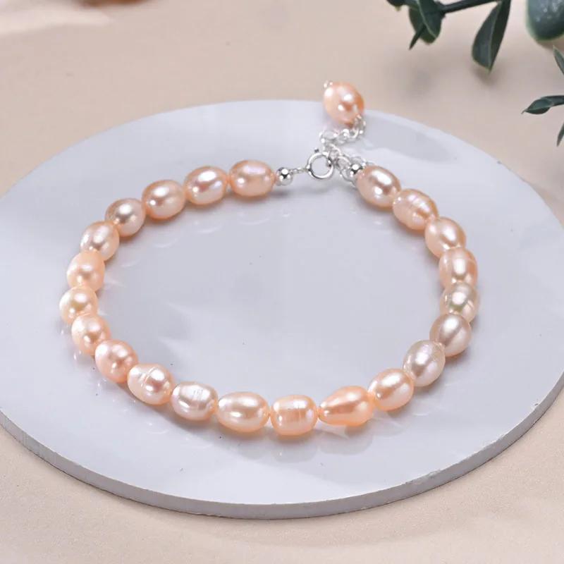HENGSHENG Fashion 6-7mm Rice Shape Freshwater Pink Purple Mixed Color Bracelet 925 Sterling Silver Jewelry Gift for Women Girls