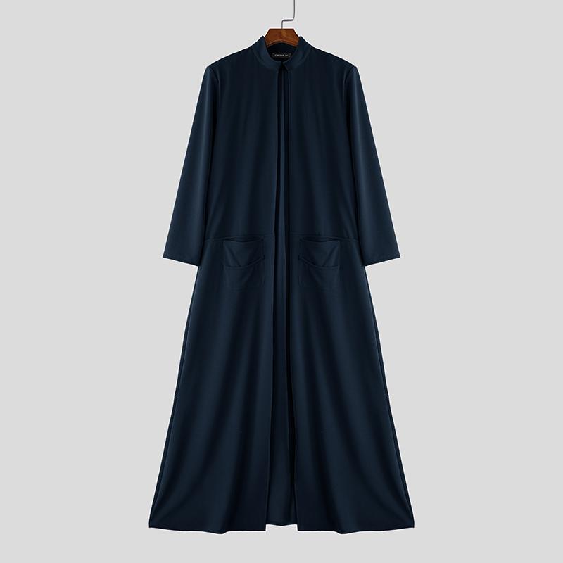 

INCERUN Осенние мужские кардиганы макси с длинным рукавом и открытой передней частью, длинные пальто, ветровка с карманами синий