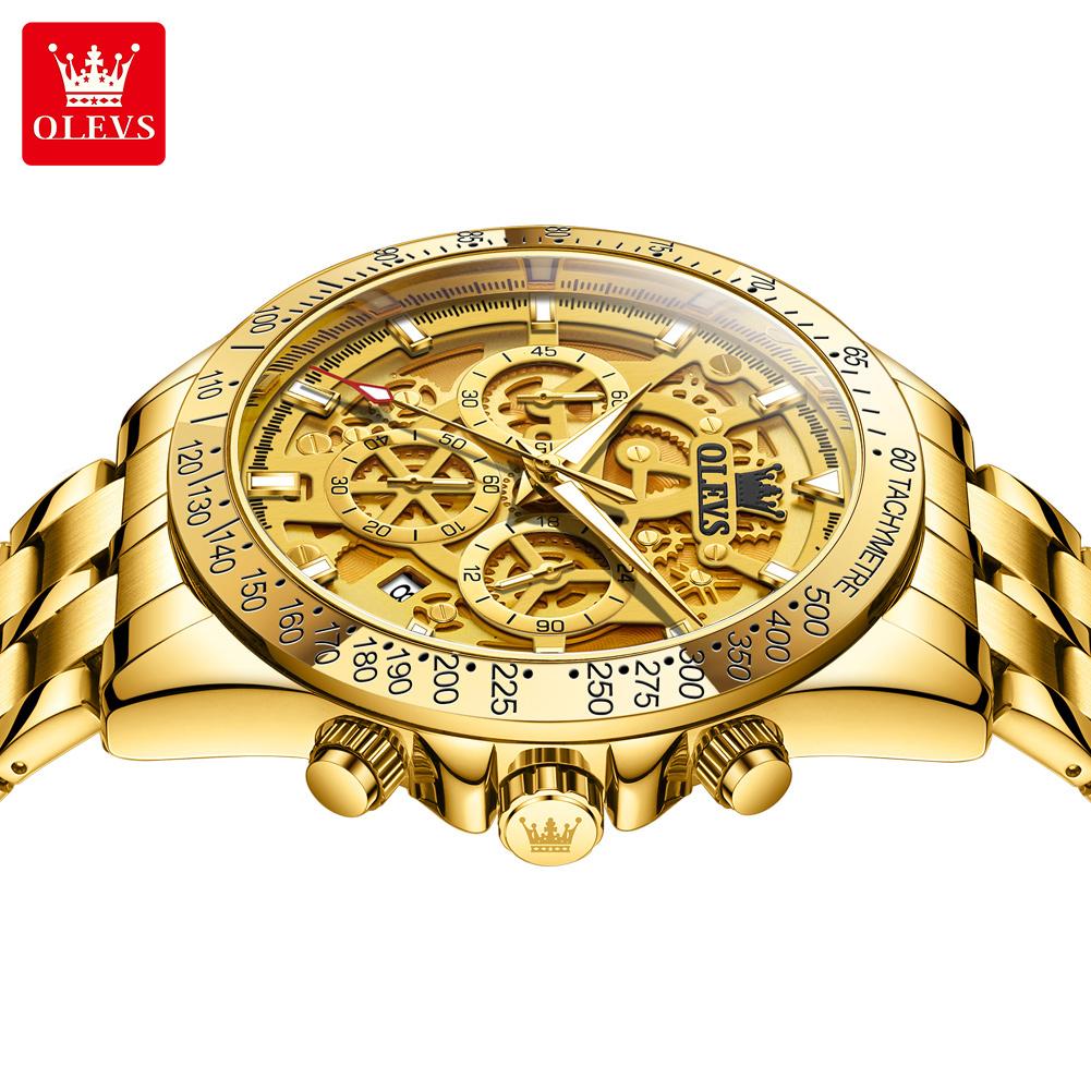 OLEVS Gold Men's Watches Skeleton Stainless Steel Chronograph Wristwatch Waterproof Luminous Luxury Brand Quartz Watch Men 9913