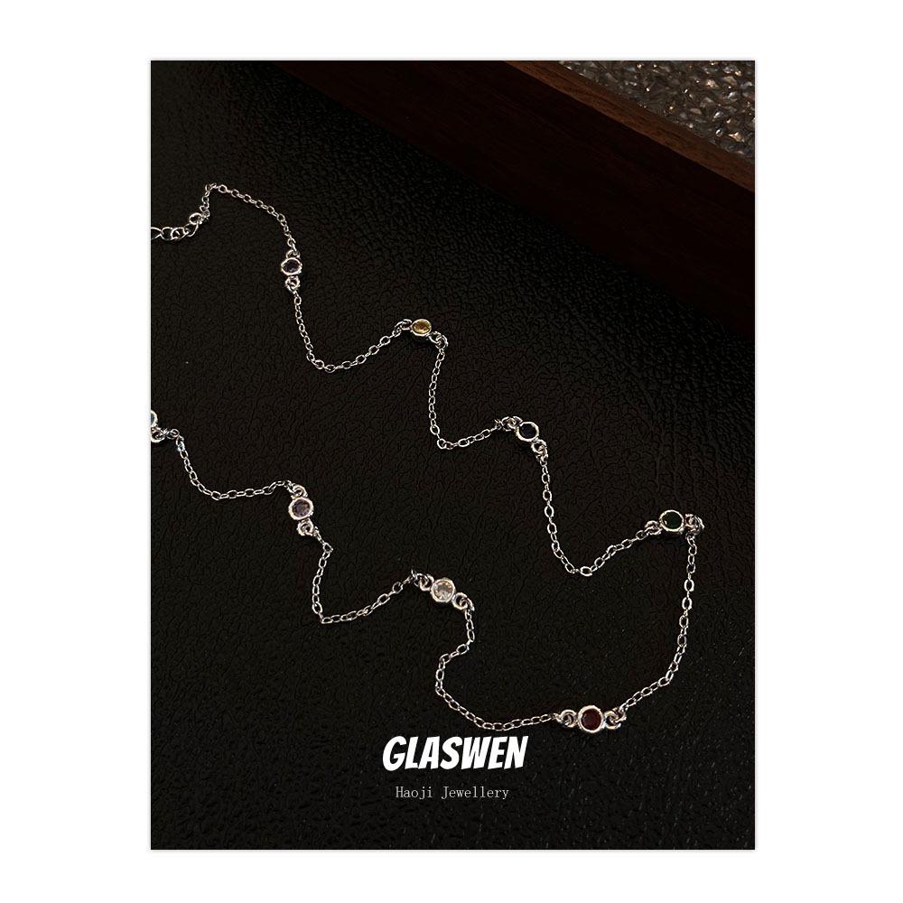 High-End Simple Bead Chain Colored Zircon Necklace Women'S Light Luxury Niche Cold Wind Collarbone Chain Jewelry