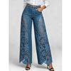 Lace Spliced Denim Pants Elegant Hollow Out Jeans Women Flower Embroidery High Waist Straight Loose Trousers Office Lady Pants