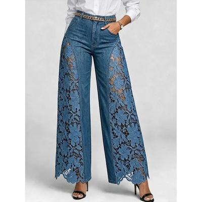Spitzen spliced Jeans Elegante Lochstickerei Jeans Damen Blumenstickerei Hohe Taille Gerade Lockere Hose Büro Dame Hose