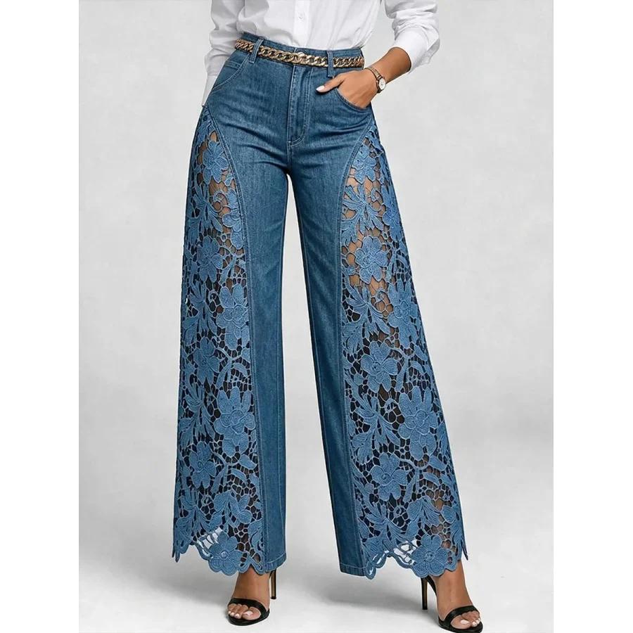 Lace Spliced Denim Pants Elegant Hollow Out Jeans Women Flower Embroidery High Waist Straight Loose Trousers Office Lady Pants