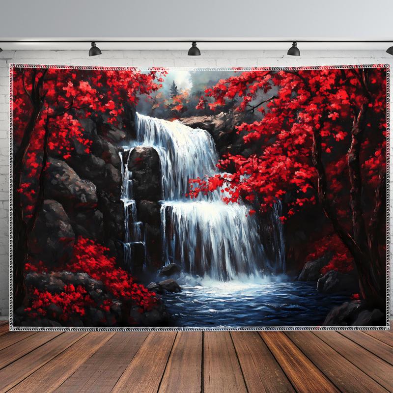 VIKAMA Red Maple Waterfall Tapestry Autumn Forest Stream Landscape Wall Art Natural Healing Wind Decor for Living Room