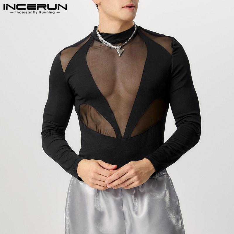 INCERUN Men Long Sleeve Mesh Sheer Patchwork Bodysuits See Through Club Playsuits