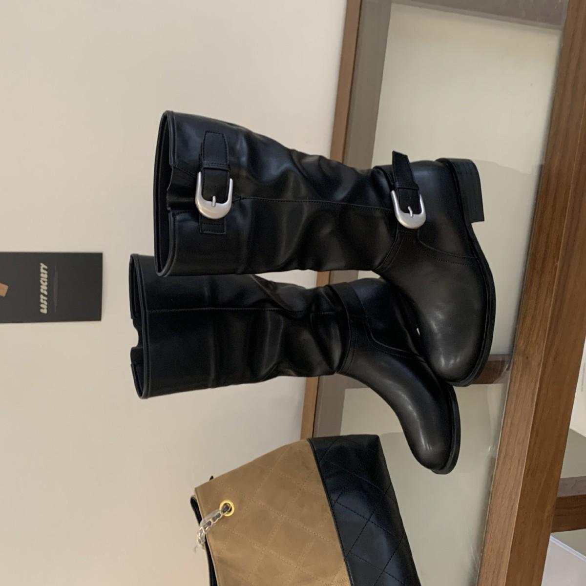 

2025 new autumn and winter round head belt buckle thick-soled high tube thin but knee knight women s boots 39 хаки