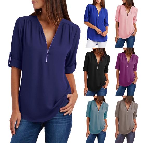 Plus Size Women Solid Color Loose Zipper V Neck Long Sleeve Chiffon Blouse Shirt