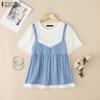 ZANZEA Women Casual Round Neck Patchwork Summer Short Sleeve T-Shirts