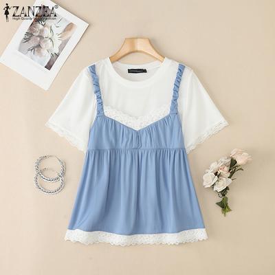 Women Casual Round Neck Patchwork Summer Short Sleeve T-Shirts