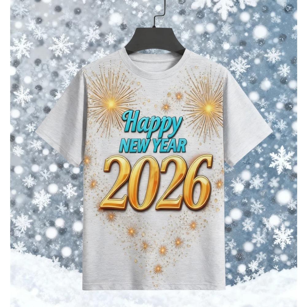 2026 New Year T-Shirt Fashion Men and Women's Happy New Year 2026 Print T-shirt Casual Crew Neck Short Sleeve Tees Top