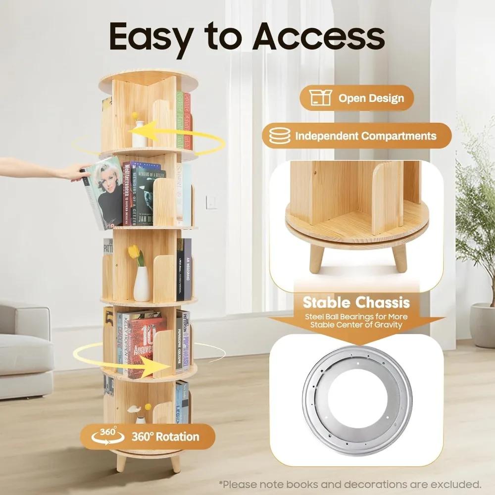 Rotating Bookshelf 360 Degree Display Floor Standing Bookcase Storage Rack Book Display Stand W/ 5 Tiers, Wood Book Shelf