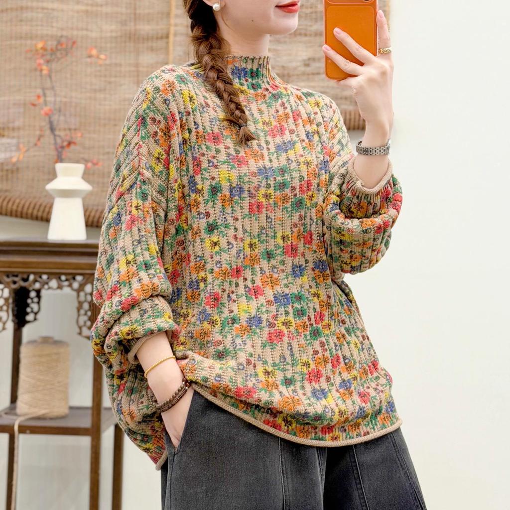 Women's Plus Size Floral High Neck Sweater - Autumn/Winter 2025 Relaxed Fit