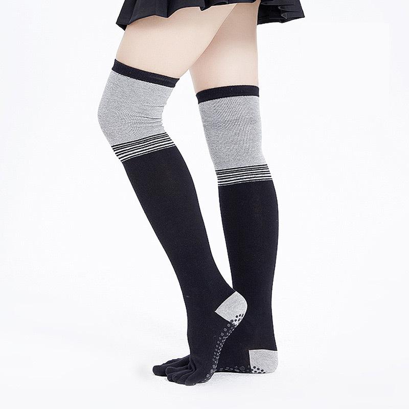 High Quality Non-Slip Knee Socks Five Fingers Anti-Skid Thigh Stockings Solid Cotton 5 Toes Grip Pilates Dance Sport Floor Sock