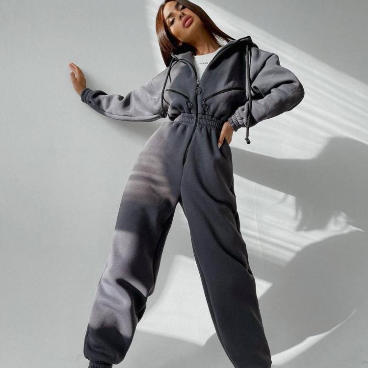 Women Autumn Winter Solid Color Hooded Bodysuit Top with Wide Leg Pants Loose Long Sleeve O Neck Hoodies Suit