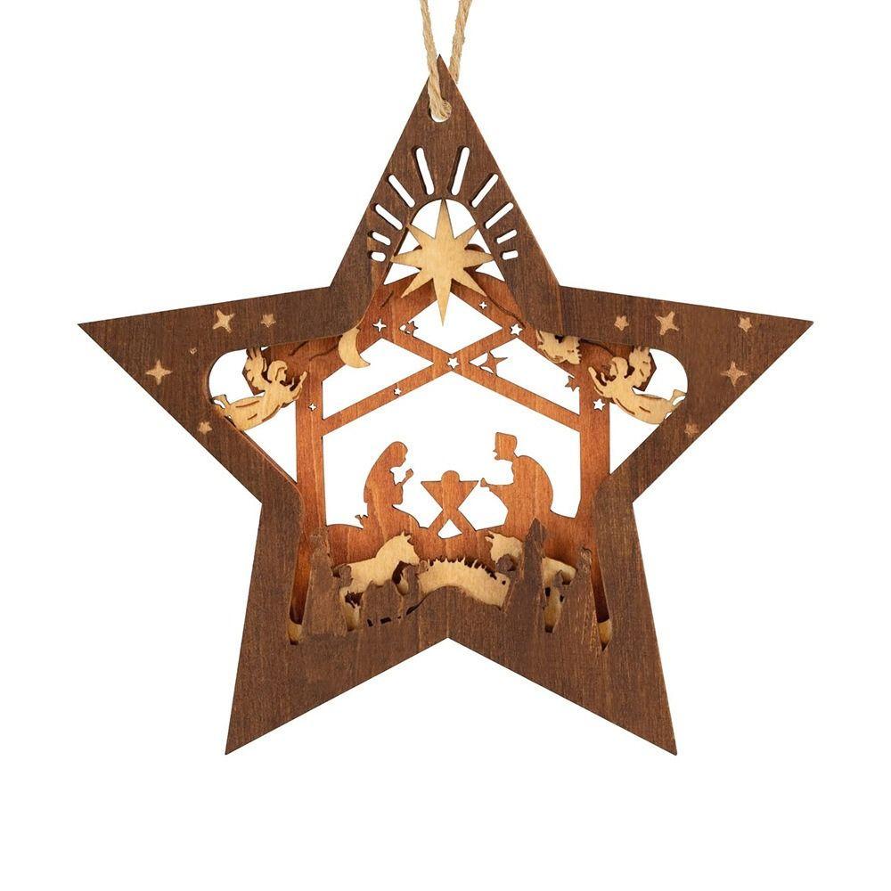

Eco-friendly Wooden Nativity Scene Star Ornaments Star Shaped Hollow Nativity Scene Pendants Hanging Christmas Decoration Family