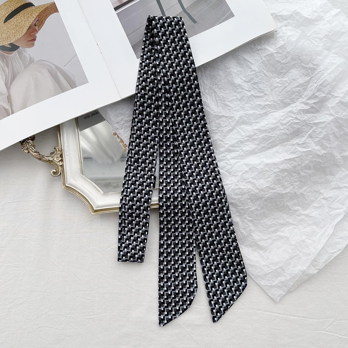Шелковый шарф Длинная полоса Высококлассный Инс Французский Тонкий и узкий шарф Женский Корейский стиль Шелковый шарф В горошек Клетчатый принт Стример 140cm