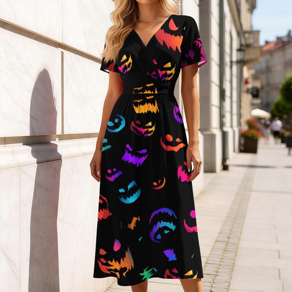 Women's V-Neck Short Sleeve Casual Dress with Halloween Print for Everyday Wear
