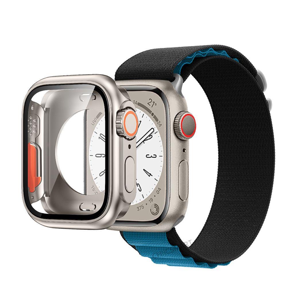 Correa de nailon con cubierta de vidrio para Apple Watch, carcasa de 44mm, 45mm, 40mm y 41mm, Protector de pantalla con correa, IWatch Series 56 Se 7 8, giro a Ultra