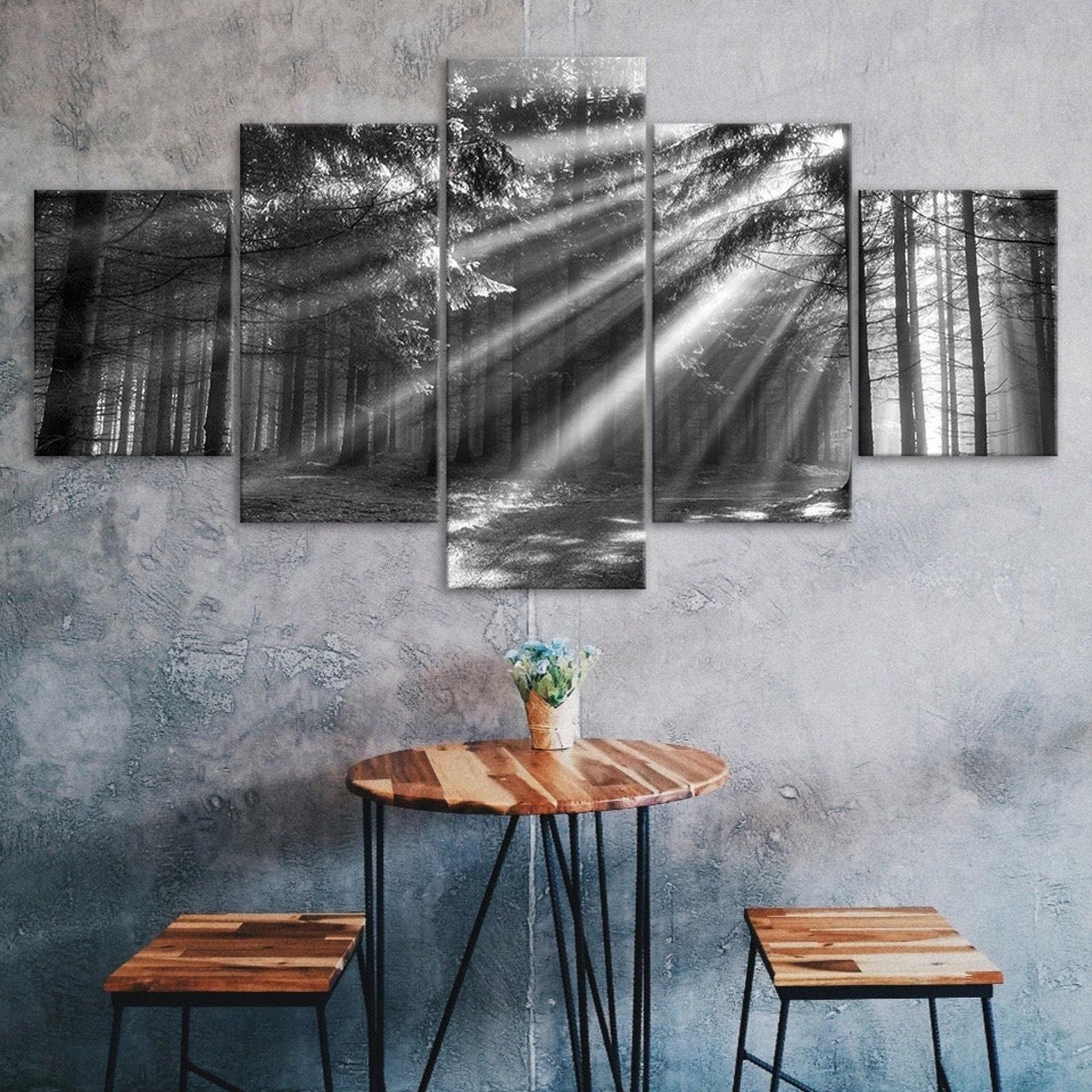 

Forest Sun Rays Sunshine Scenery 5 Piece Canvas Wall Art Multi Panel Print Modern Poster Home Decor Black and White Picture Gift For Hi Her 20X35 20X45 20X55CM