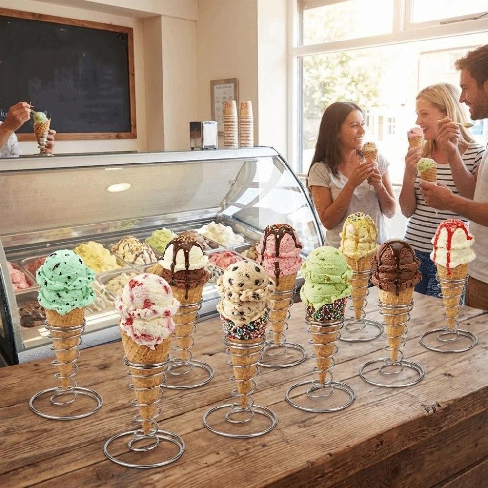 Porta cono gelato in acciaio inossidabile Cestello metallico Molla conica Rastrelliera per gelato Decorativo Antiruggine Espositore per waffle