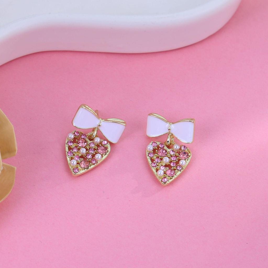 Silver Needle Rhinestone-Studded Bow Pearl Earrings - Light Luxury High-End Design