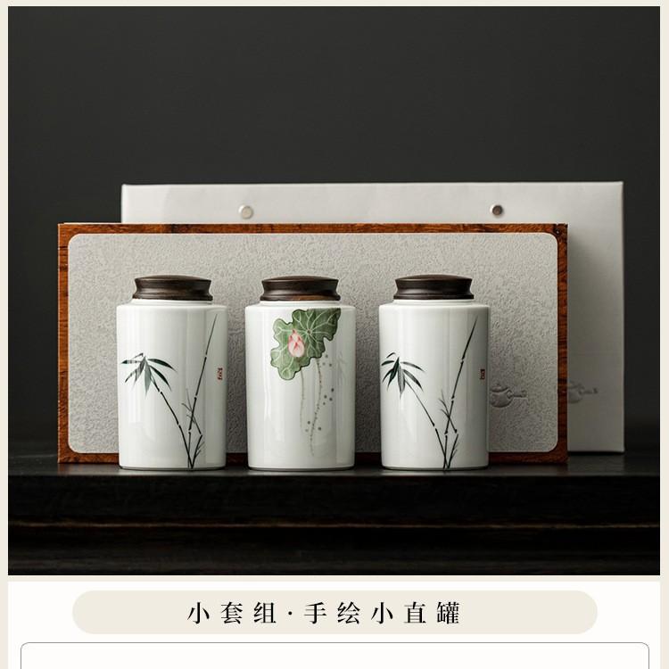 Ceramic Portable Small Tea Can Pure Hand Painted Bamboo Pu'er Tea Broken Silver Tea Packaging Sealed Tea Can Green Tea