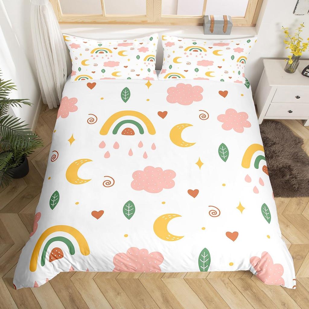 Kids Cartoon Rainbow Duvet Cover Twin Queen Cute Butterfly Flower Leaves Bedding Set for Girl Boys Dream Catcher Comforter Cover
